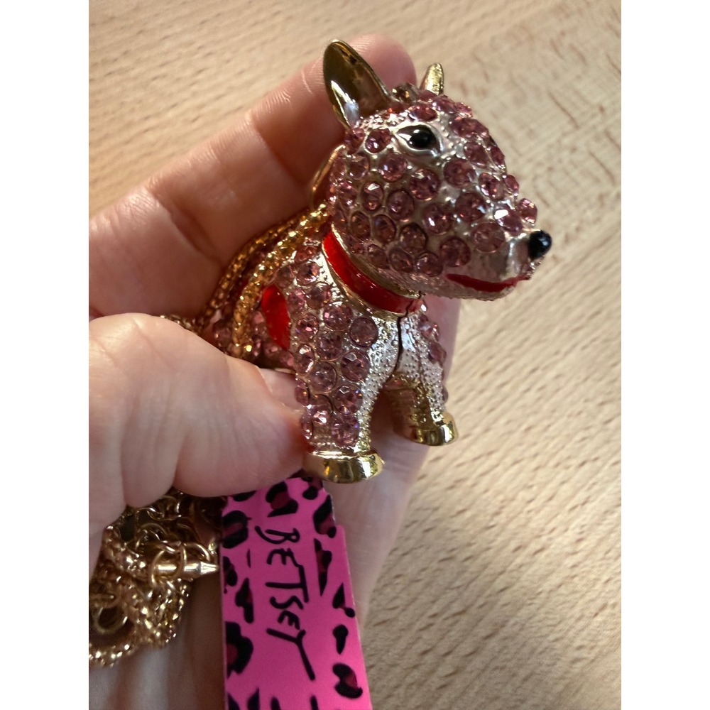 Betsey Johnson Necklace Bull Terrier Dog Pink Rhinestone Spotted Gold Kitsch NWT